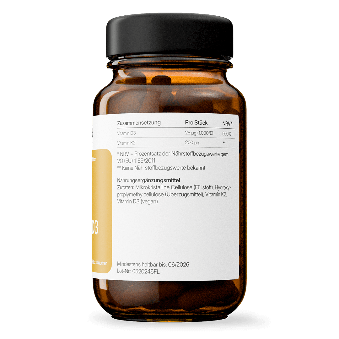 Vitamin D3 (1000 I.E.) + K2 (70 μg MK-7) | 56 Kapseln in Glasflasche