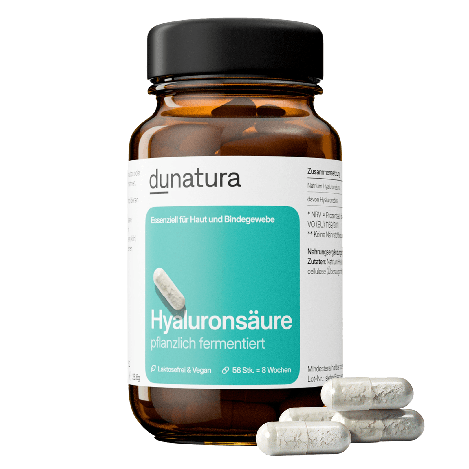 Hyaluronsäure (360 mg) – fermentativ gewonnen, vegan | 56 Kapseln in Glasflasche