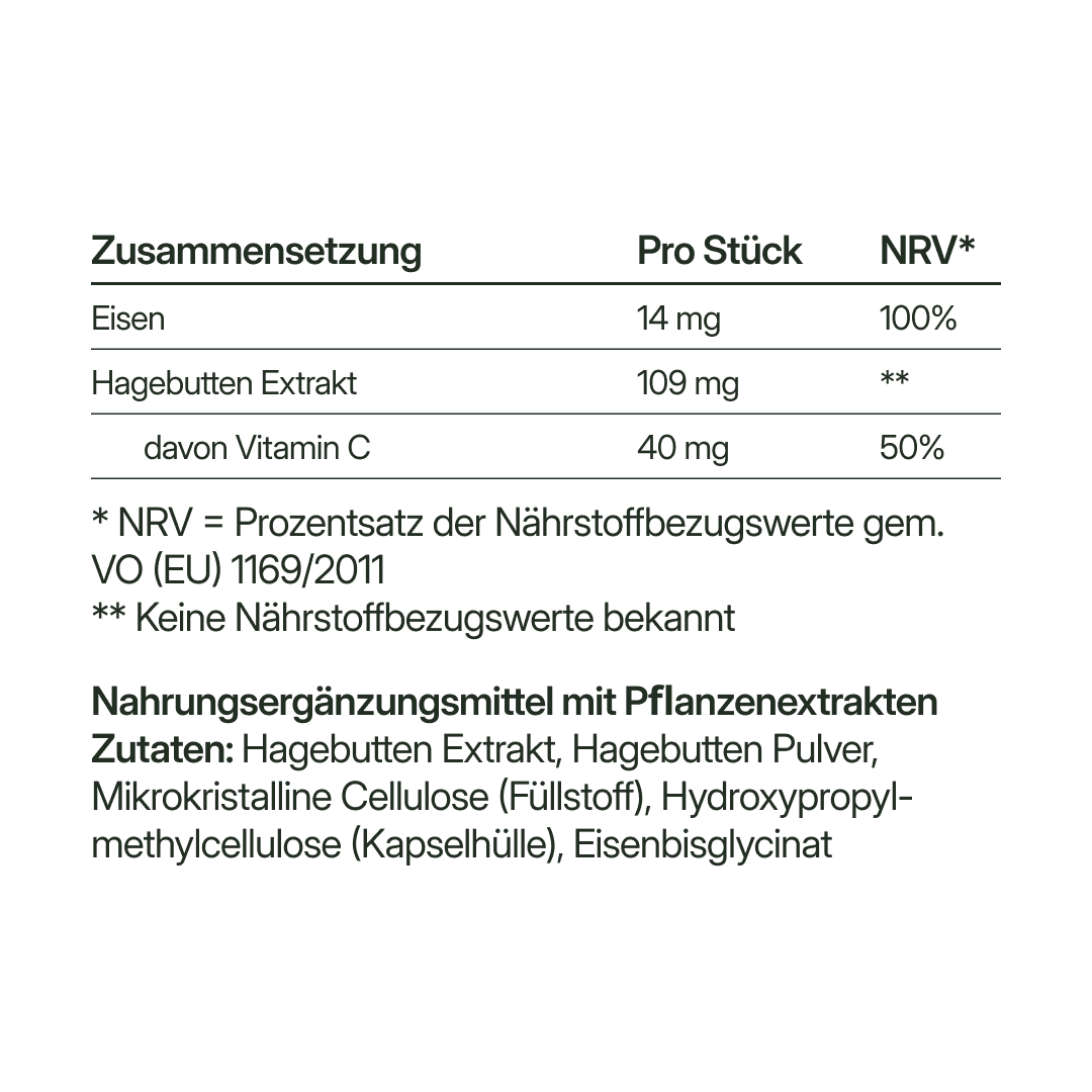 Eisen (14 mg) + Vitamin C (40 mg) – bioaktiv, vegan | 56 Kapseln in Glasflasche