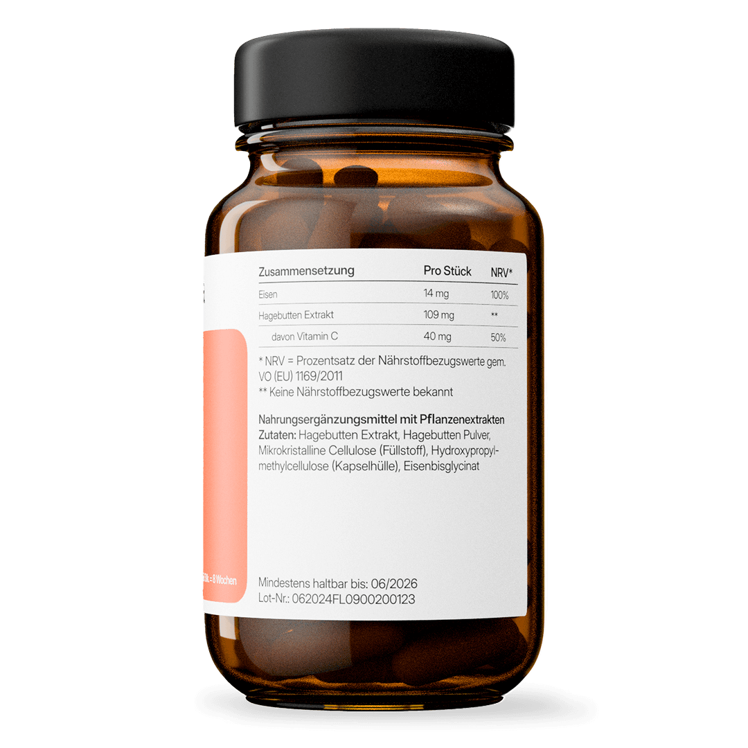 Eisen (14 mg) + Vitamin C (40 mg) – bioaktiv, vegan | 56 Kapseln in Glasflasche