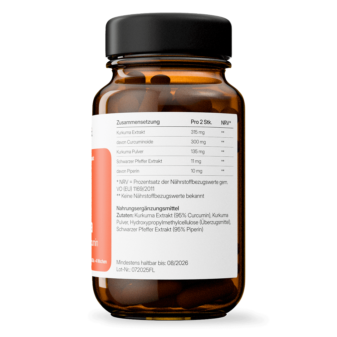 Kurkuma (315mg) mit schwarzem Pfeffer | 56 Kapseln in Glasflasche