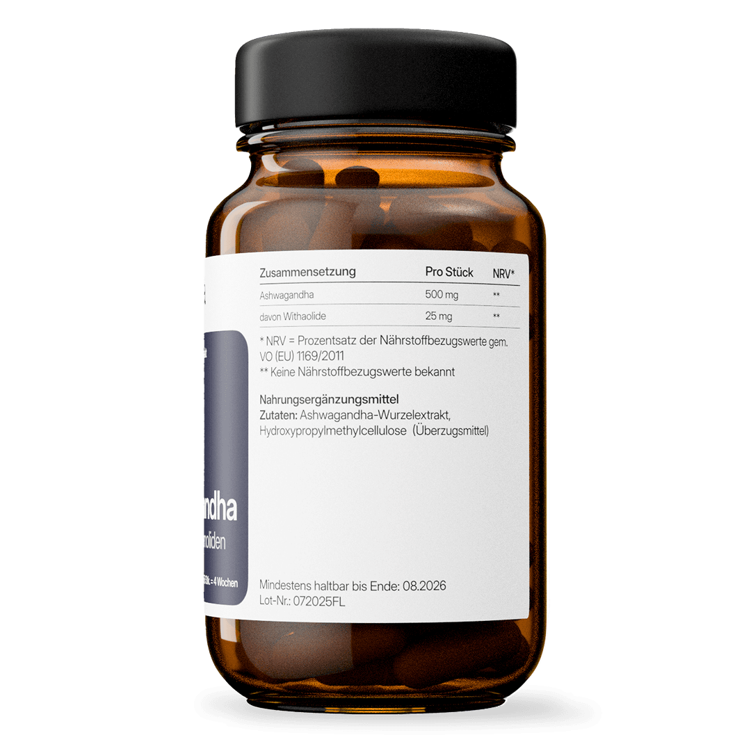 Ashwagandha (500mg) mit 25mg Withanoliden | 56 Kapseln in Glasflasche