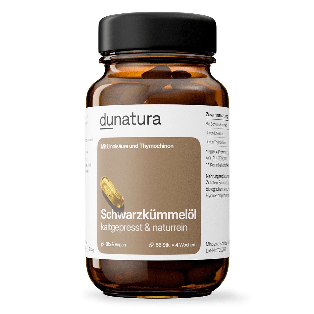 Bio Schwarzkümmelöl (500 mg) – mit Linolsäure & Thymochinon | 56 Kapseln in Glasflasche