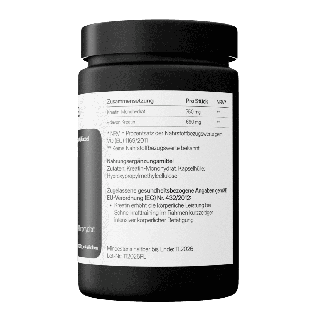 Kreatin (750mg) – aus reinem Kreatin-Monohydrat | 140 Kapseln in Glasflasche