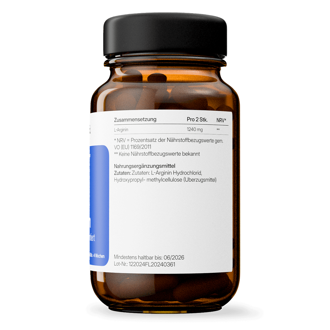 L-Arginin (620 mg) – fermentativ gewonnen, vegan | 56 Kapseln in Glasflasche