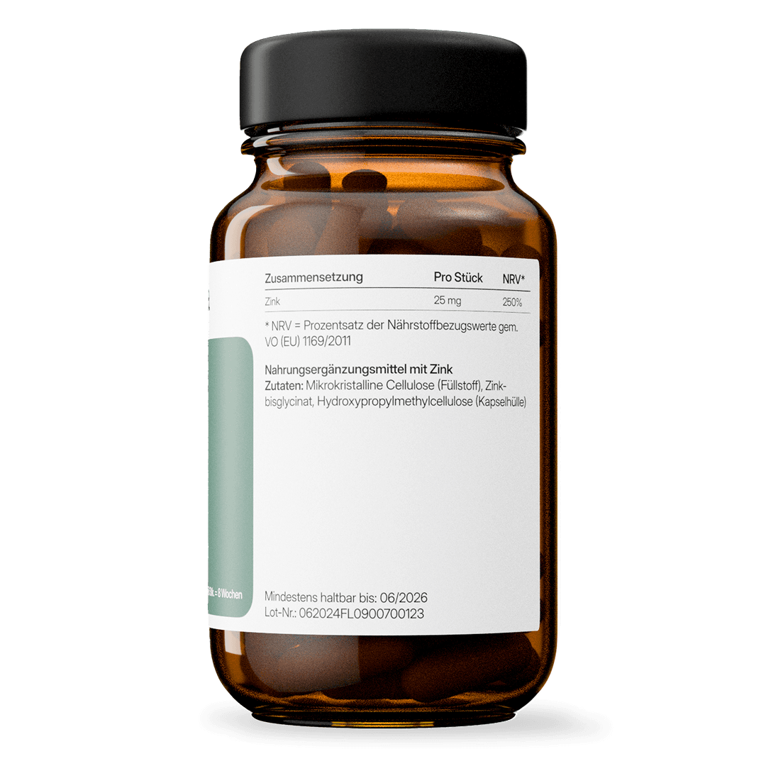 Zink (25 mg Zinkbisglycinat) – bioaktiv, vegan | 56 Kapseln in Glasflasche