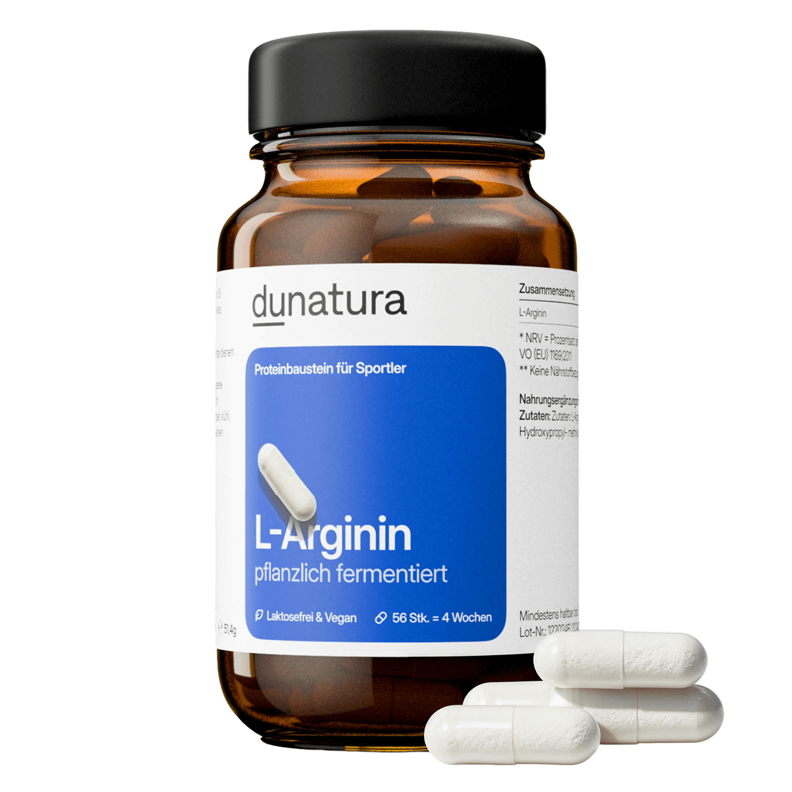 L-Arginin (620 mg) – fermentativ gewonnen, vegan | 56 Kapseln in Glasflasche