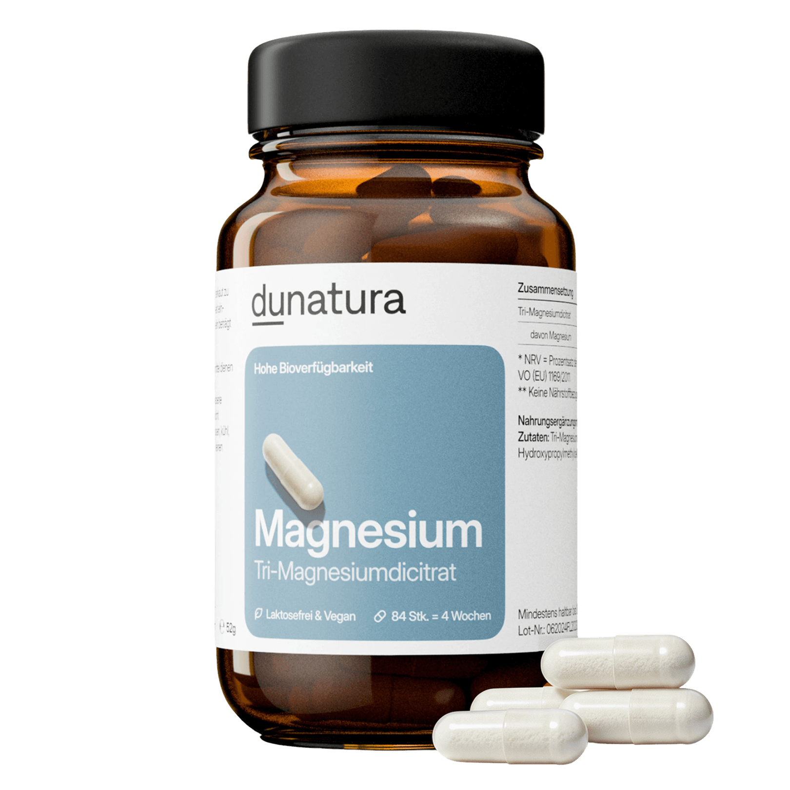 Magnesium (500 mg Magnesiumdicitrat) – gut verträglich, vegan | 84 Kapseln in Glasflasche