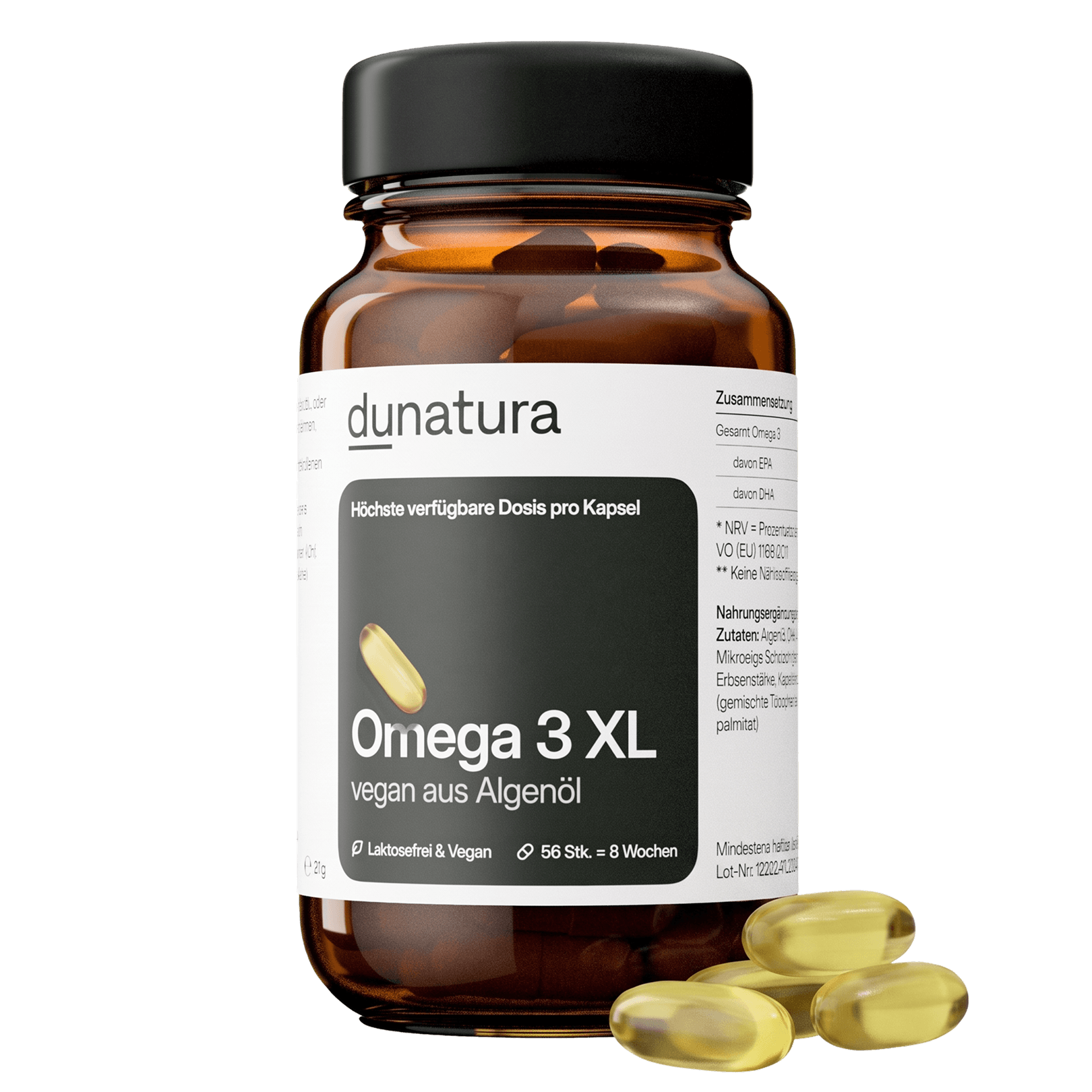 Omega 3 XL (500 mg) – vegan aus Algenöl | 56 Kapseln in Glasflasche